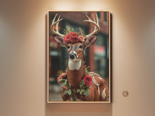 Elevate your walls with Whimsical Deer Artwork. This canvas features a deer with a crown of roses. This wall art brings eclectic charm and wonder to any room. Perfect as a nature lover gift for bedroom wall decor.