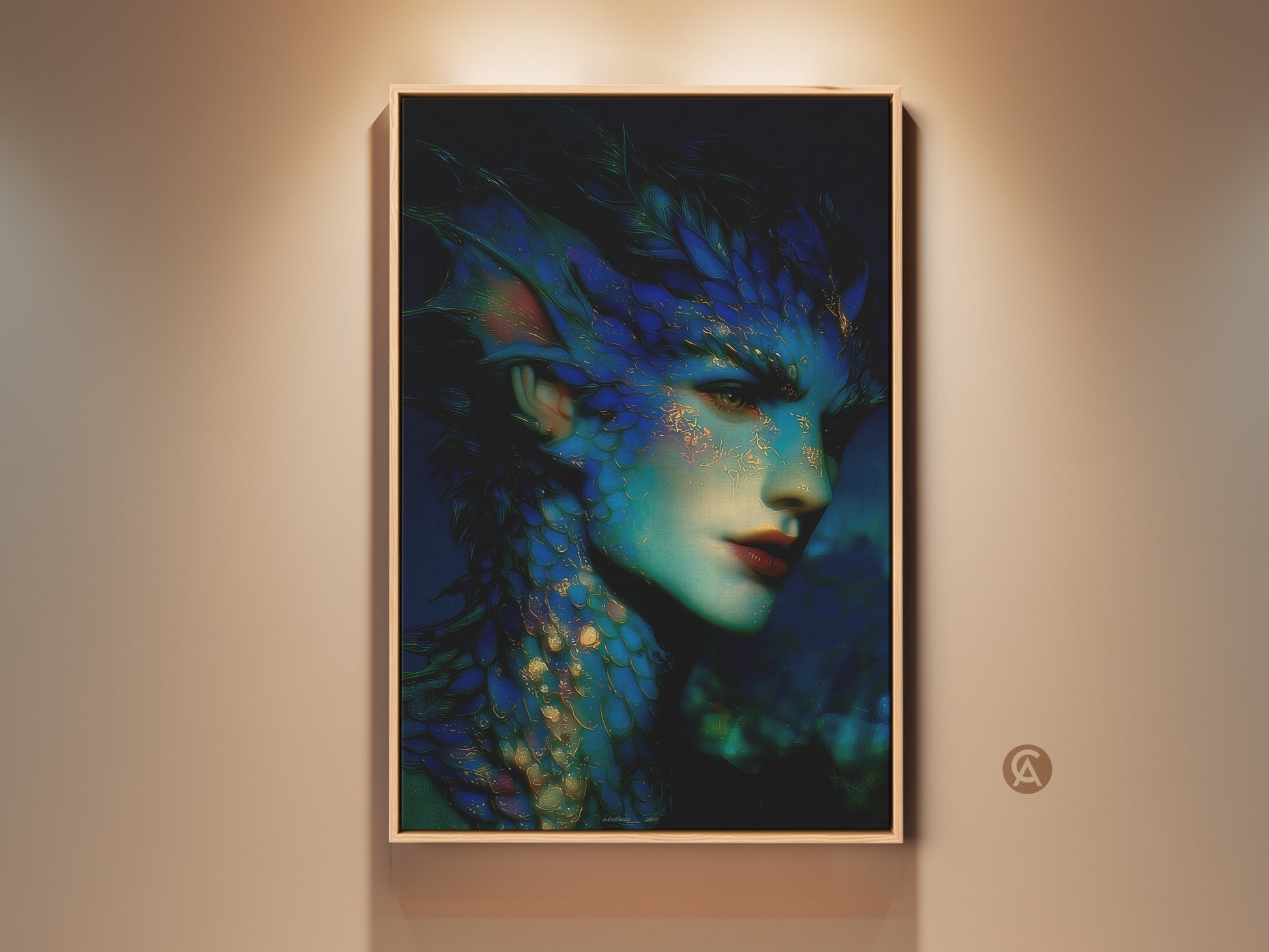 Framed dark fantasy mermaid portrait in teal and gold tones. This surreal mythological sea creature artwork adds an eclectic touch to any room. The gold accents and deep blue hues create a captivating piece. Perfect for fantasy fans seeking unique wall decor.