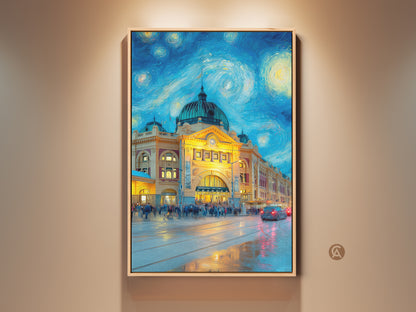 Framed canvas art print of Flinders Street Station. This artwork captures the iconic Melbourne landmark under a starry night sky. A Van Gogh-inspired style adds artistic flair. The floating frame enhances the presentation.
