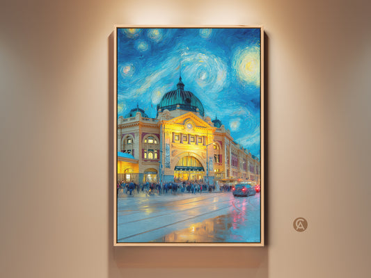 Framed canvas art print of Flinders Street Station. This artwork captures the iconic Melbourne landmark under a starry night sky. A Van Gogh-inspired style adds artistic flair. The floating frame enhances the presentation.