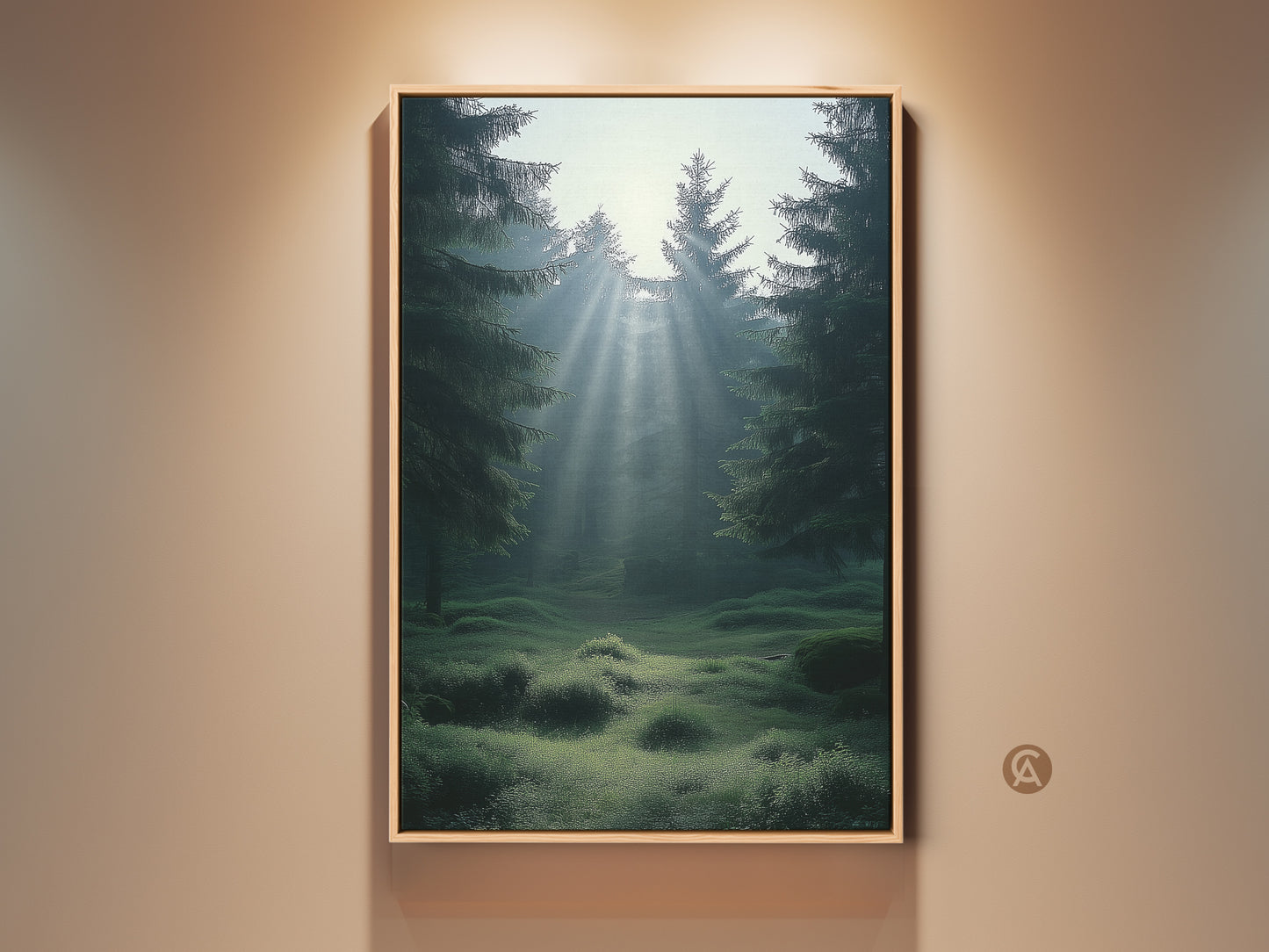 Framed emerald teal forest artwork with misty pine trees and sunbeams. This Scandinavian nature landscape canvas adds a serene touch. Perfect wall decor for calm bedroom or living space art. A beautiful housewarming nature gift.