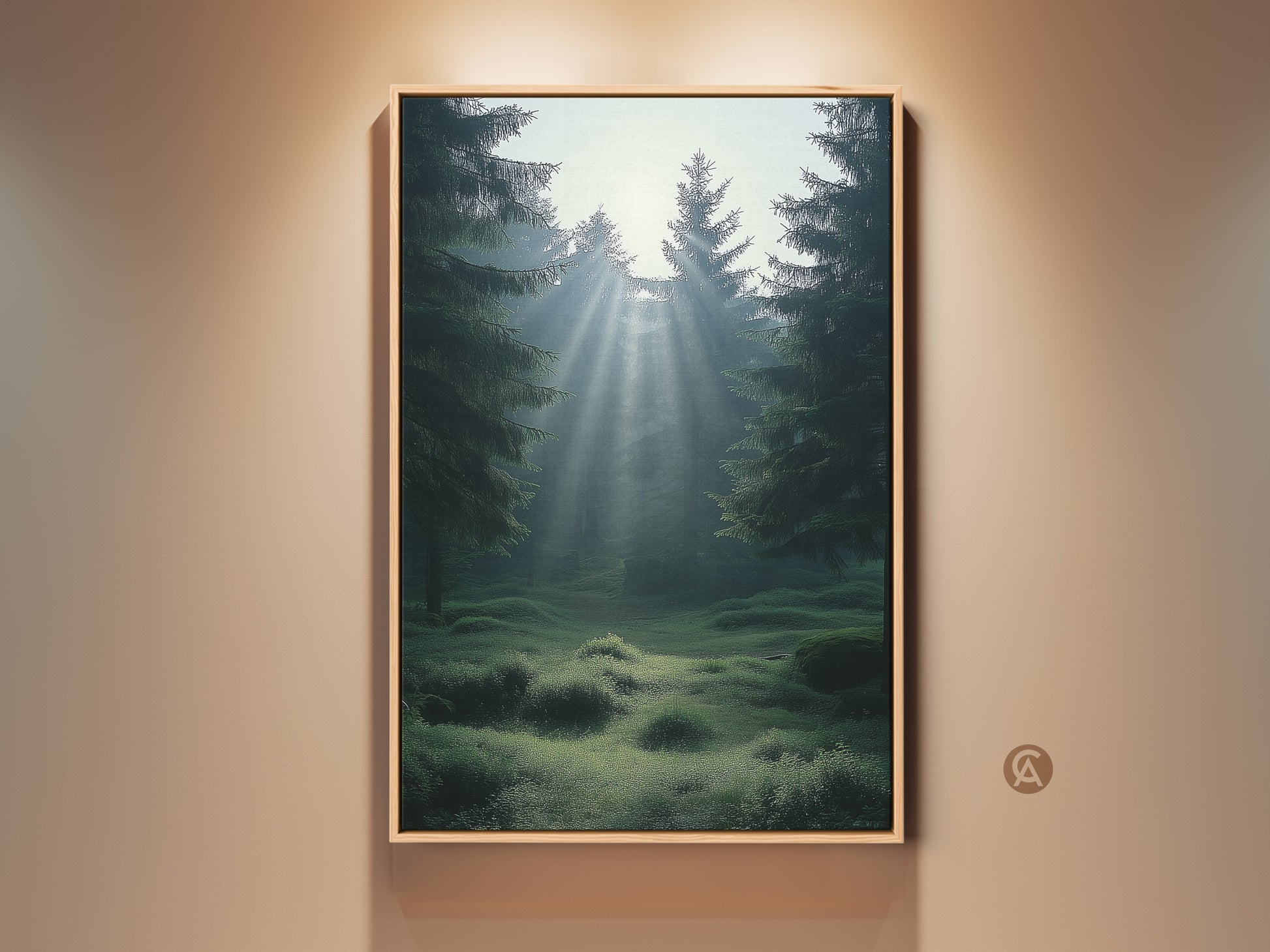 Framed emerald teal forest artwork with misty pine trees and sunbeams. This Scandinavian nature landscape canvas adds a serene touch. Perfect wall decor for calm bedroom or living space art. A beautiful housewarming nature gift.