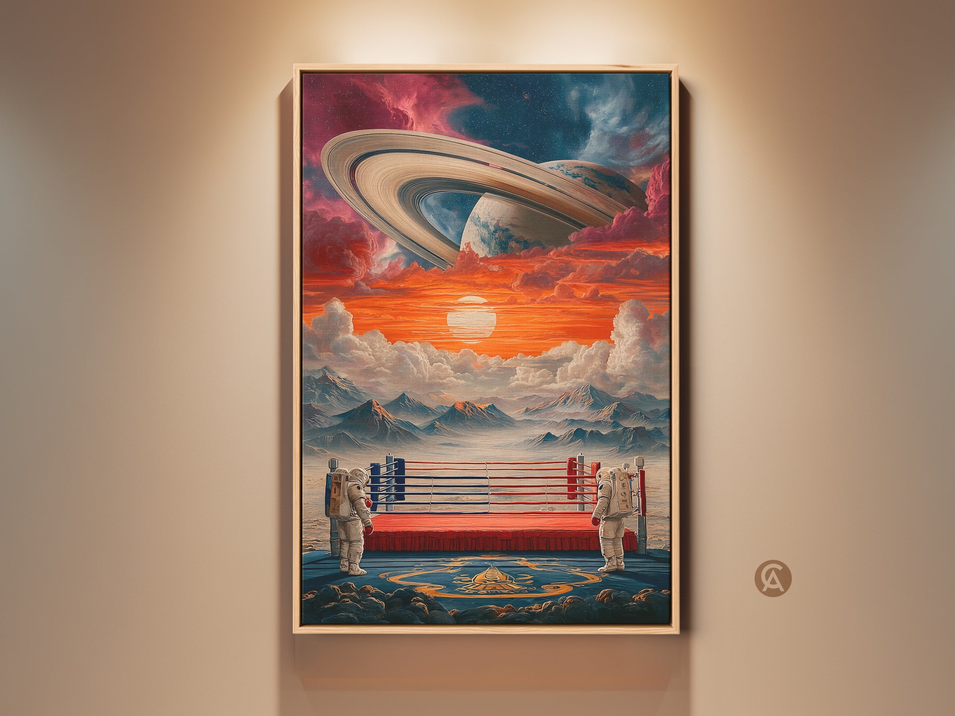Surreal space wall art shows an astronaut boxing ring canvas. Saturn is in the orange and blue sky. This eclectic celestial artwork brings cosmic wonder to your home or office as a unique conversation piece.