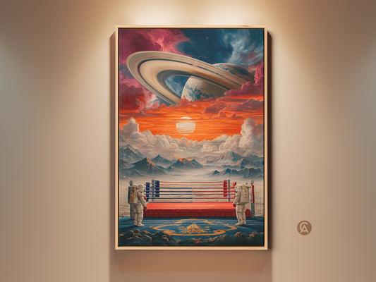 Surreal space wall art shows an astronaut boxing ring canvas. Saturn is in the orange and blue sky. This eclectic celestial artwork brings cosmic wonder to your home or office as a unique conversation piece.