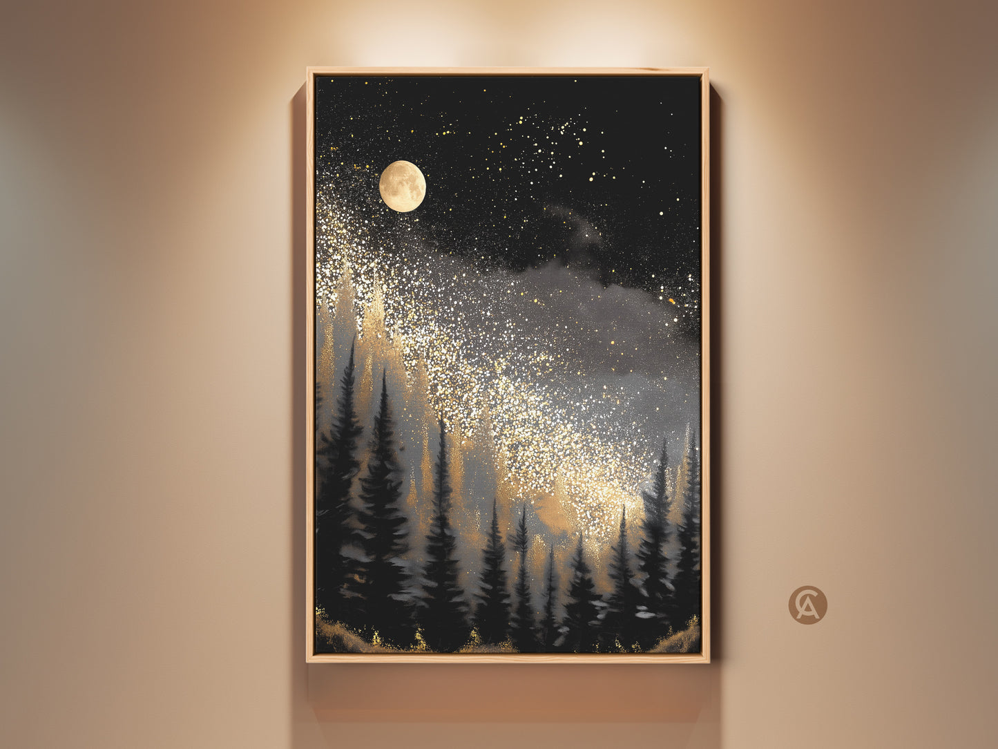 View a framed abstract night sky wall artwork. The gold forest moon canvas print is a black and grey celestial piece. Enhance your bedroom decor with this unique gift idea.