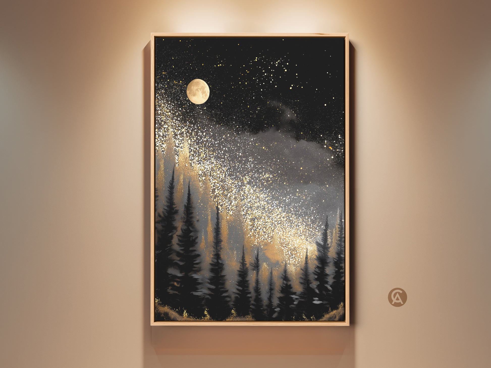 View a framed abstract night sky wall artwork. The gold forest moon canvas print is a black and grey celestial piece. Enhance your bedroom decor with this unique gift idea.