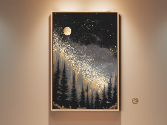 View a framed abstract night sky wall artwork. The gold forest moon canvas print is a black and grey celestial piece. Enhance your bedroom decor with this unique gift idea.
