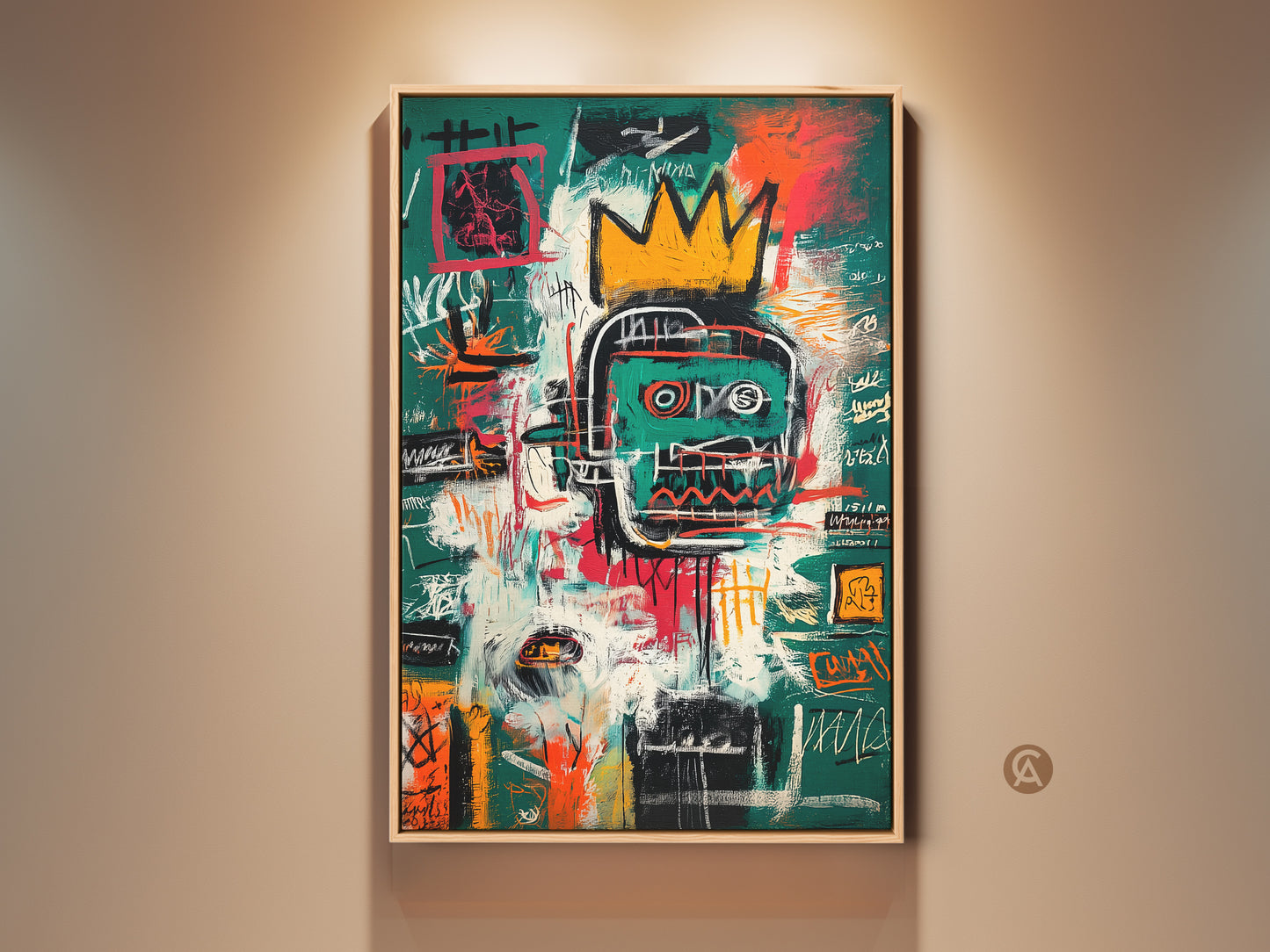 Framed Basquiat-inspired artwork. The painting features a vibrant abstract portrait with a crown. The art is displayed in a natural wood frame. Elevate your space with this striking canvas art print