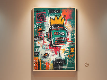 Framed Basquiat-inspired artwork. The painting features a vibrant abstract portrait with a crown. The art is displayed in a natural wood frame. Elevate your space with this striking canvas art print