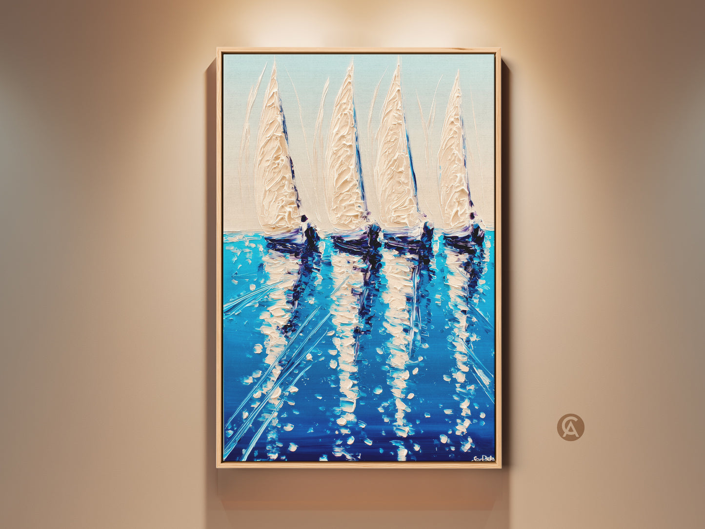 Framed Coastal Ocean Canvas Art print. Deep blue nautical wall art decor for your living room. Impressionistic sailing ship artwork brings the dynamic energy of the ocean to life. A perfect housewarming gift for yacht owners. Add maritime charm to your home decor.
