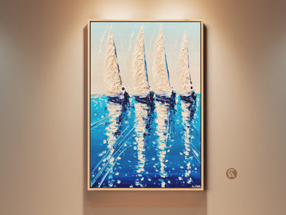 Framed Coastal Ocean Canvas Art print. Deep blue nautical wall art decor for your living room. Impressionistic sailing ship artwork brings the dynamic energy of the ocean to life. A perfect housewarming gift for yacht owners. Add maritime charm to your home decor.