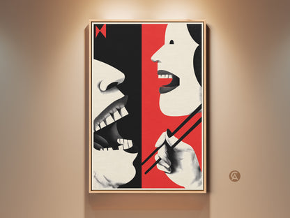 A framed kitchen wall art print showcasing a bold abstract mouth and chopsticks. Retro eclectic dining decor in red cream and black colors. This artwork is a great gift for food lovers adding a unique artistic touch to the dining space or kitchen.