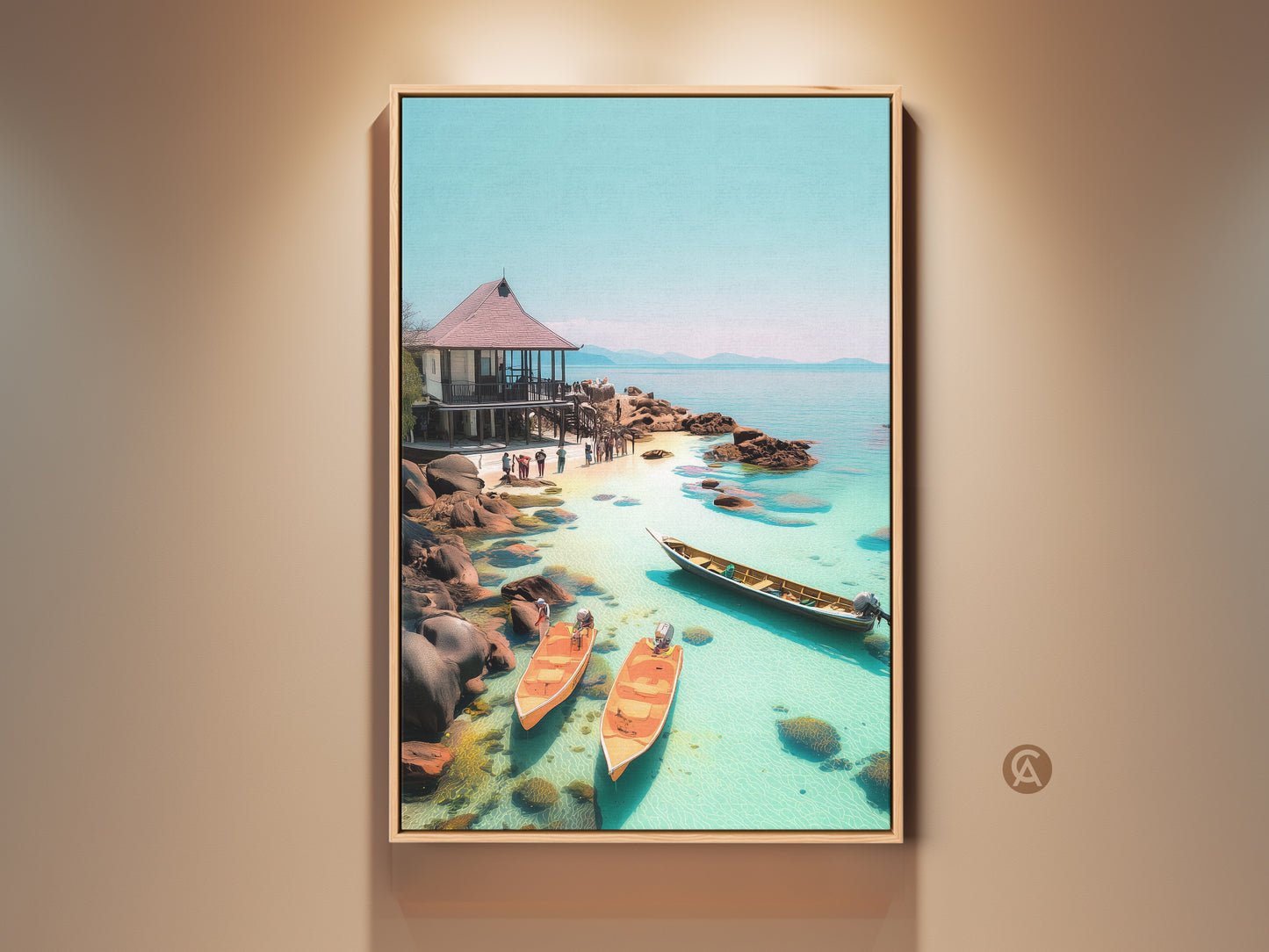 Framed coastal canvas print featuring a tropical beach scene. Aqua blue ocean landscape artwork with a seaside hut and boats. Bring coastal serenity to your space with this scenic tropical landscape canvas. Perfect for travel lovers and beach house decor with turquoise water details.