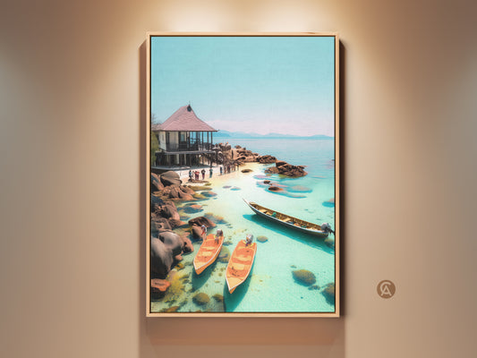 Framed coastal canvas print featuring a tropical beach scene. Aqua blue ocean landscape artwork with a seaside hut and boats. Bring coastal serenity to your space with this scenic tropical landscape canvas. Perfect for travel lovers and beach house decor with turquoise water details.