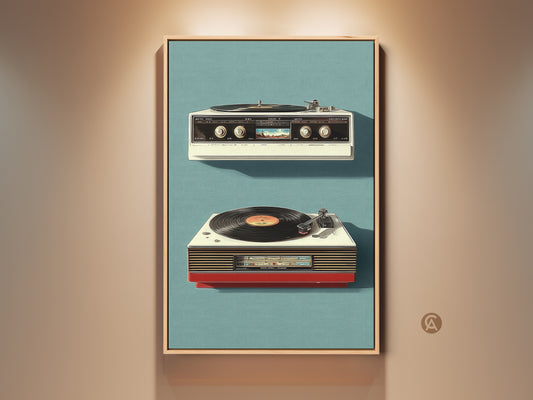 Vintage Record Player and Radio art print. Retro Mid-Century Modern wall decor. This nostalgic artwork features a vintage record player and radio in blue and white tones. Perfect for music lovers or as a unique housewarming gift.