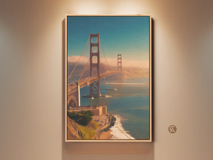 Framed San Francisco Golden Gate Bridge art print. This coastal ocean landscape artwork offers a contemporary travel gift idea. Perfect entry hall art with blue and orange tones. The frame is made of oak.