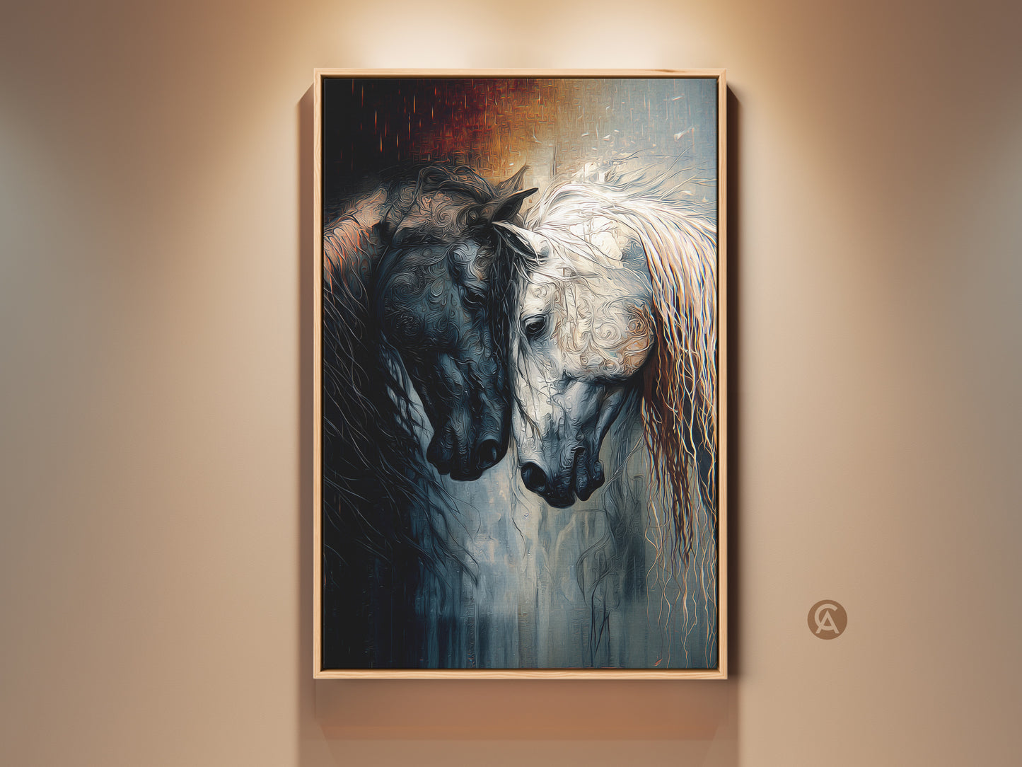 Framed Indigo Horse Canvas Art. A black and white equine artwork is displayed in a room. This fantasy animal print is an ideal gift for horse lovers. The artwork adds an eclectic touch to any home decor.
