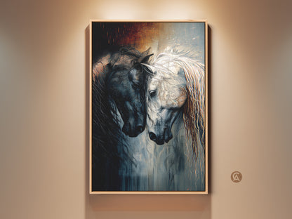 Framed Indigo Horse Canvas Art. A black and white equine artwork is displayed in a room. This fantasy animal print is an ideal gift for horse lovers. The artwork adds an eclectic touch to any home decor.
