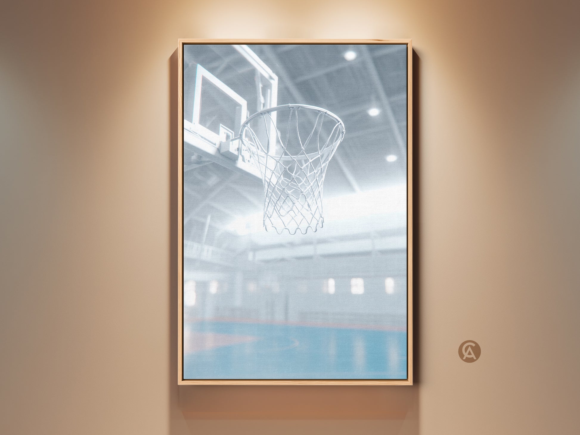 This is a framed art of a basketball hoop in an indoor court. The light shines through the net. It adds depth and character to any room. The artwork is displayed in a wooden frame. This wall art is perfect for a sports fan.
