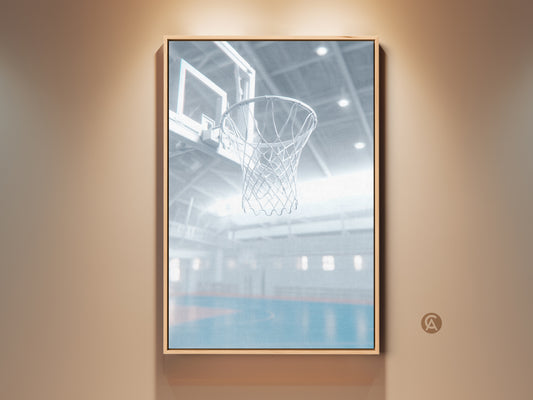 This is a framed art of a basketball hoop in an indoor court. The light shines through the net. It adds depth and character to any room. The artwork is displayed in a wooden frame. This wall art is perfect for a sports fan.