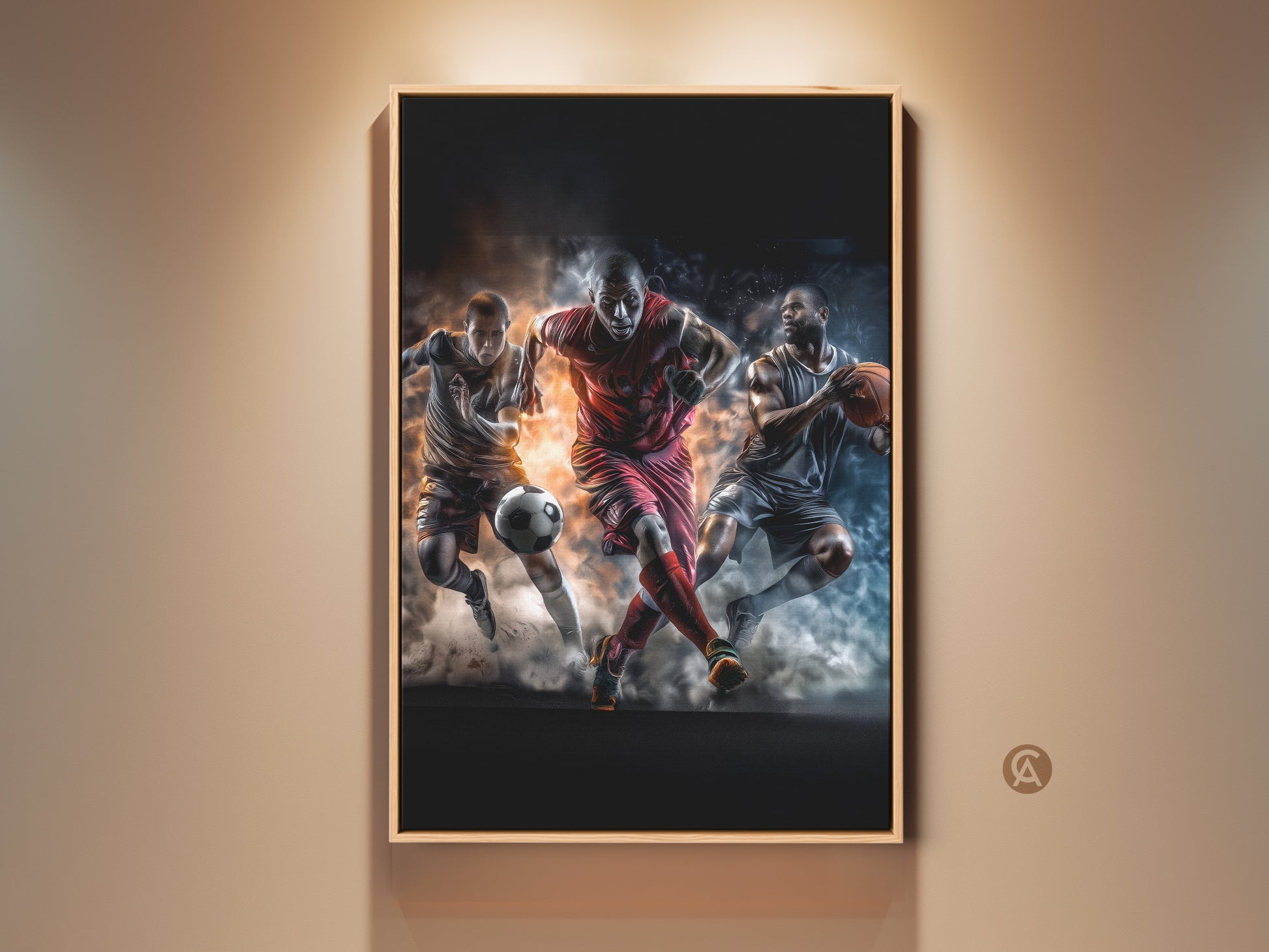 Framed wall art featuring a soccer player a football player and a basketball player. This artwork captures the intensity of sports. The art is displayed in a living room setting.