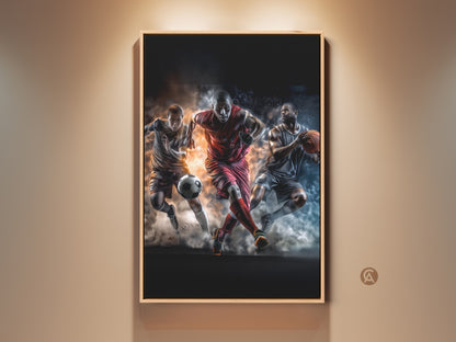 Framed wall art featuring a soccer player a football player and a basketball player. This artwork captures the intensity of sports. The art is displayed in a living room setting.