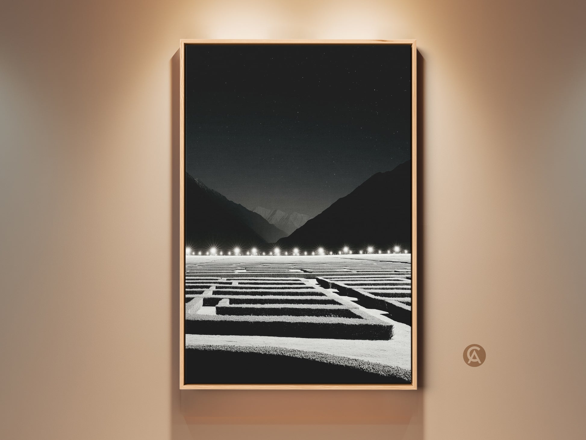 Framed minimalist maze canvas art in a contemporary room setting. This black and white night sky landscape art adds depth to any wall. Perfect office strategy gift or unique entry hall decor.