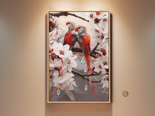 Close-up of a framed canvas featuring red and orange parrots. The parrots are perched on a branch with cherry blossoms. Diamond accents add a touch of sparkling charm. It makes a great anniversary gift or a romantic decor piece.