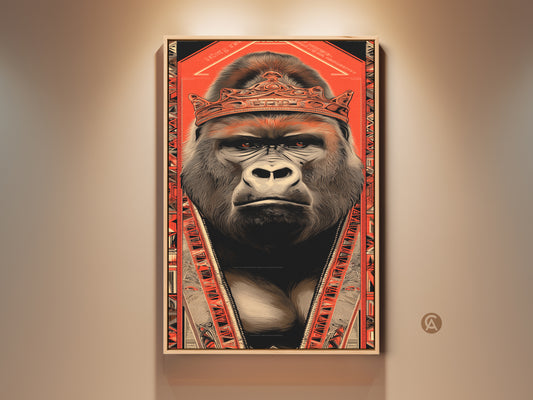 Framed gorilla king wall art features a regal gorilla with a crown. The artwork is a bold illustration style with tribal pattern accents. Orange and black hues add an eclectic feel. This canvas print makes a powerful statement in a study or office. It's perfect for animal lovers and fans of pop culture.