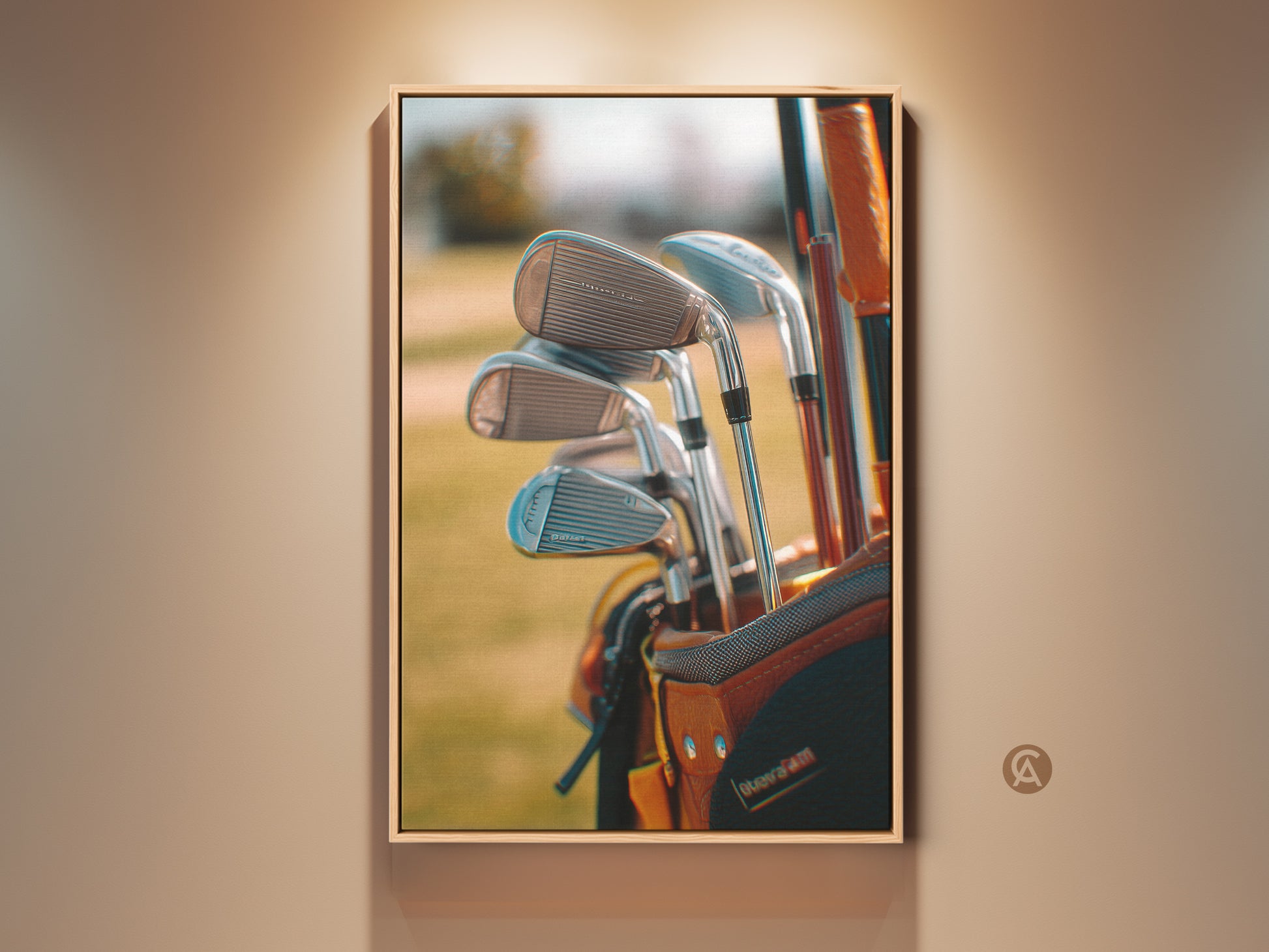 Framed golf equipment artwork. This is a detailed shot of golf clubs in a golf bag. The artwork is displayed in a wooden frame. Golf art adds a touch of class to any room. Buy this golf art today.