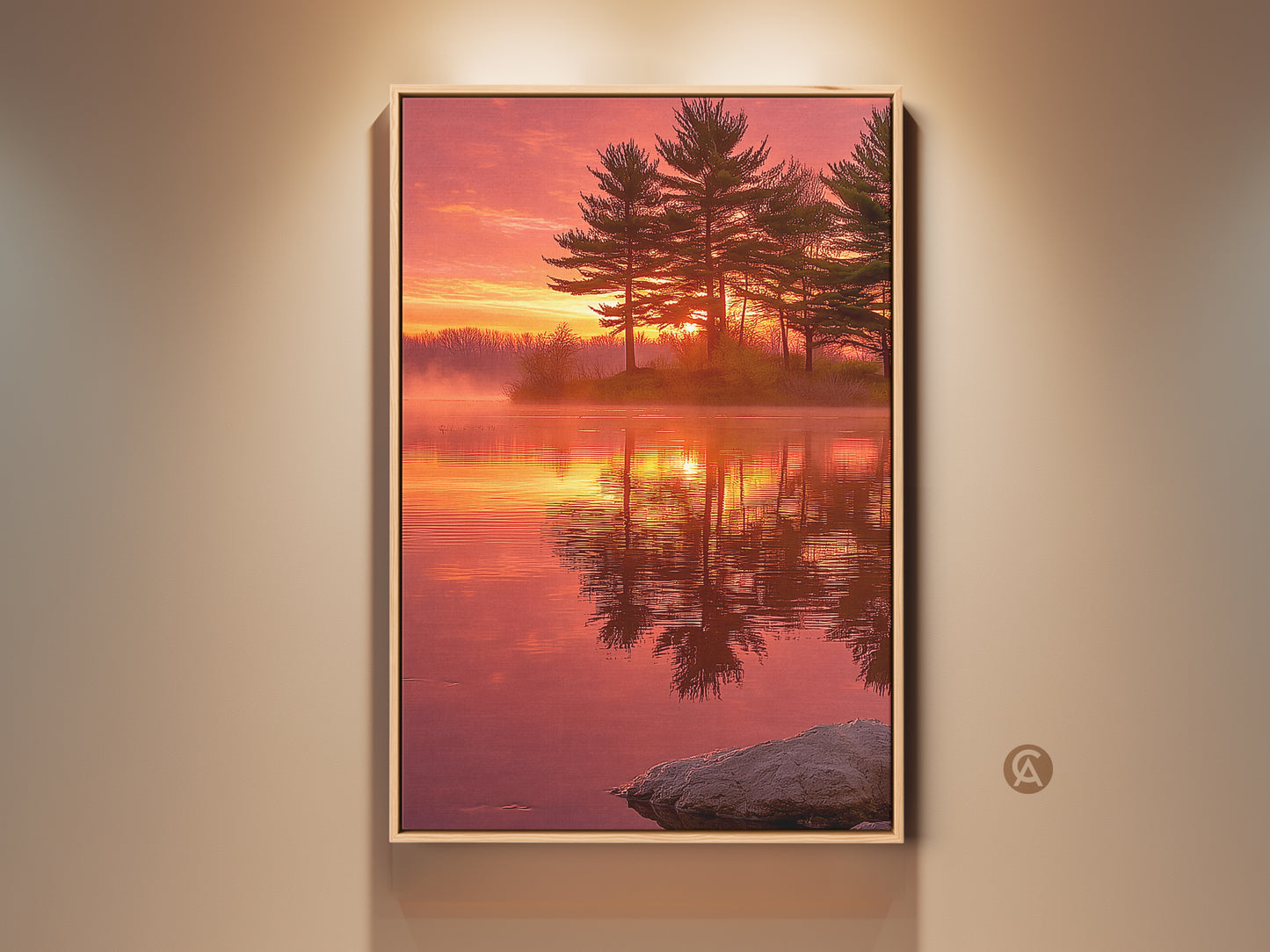 Rustic pine tree sunset lake canvas art is displayed in a frame. The nature landscape photography print captures a golden hour scenic view. This wall decor brings a cozy rustic vibe. The red orange yellow hues create a peaceful ambiance. It's perfect lakeside cabin decor.