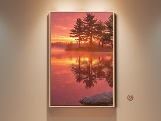 Rustic pine tree sunset lake canvas art is displayed in a frame. The nature landscape photography print captures a golden hour scenic view. This wall decor brings a cozy rustic vibe. The red orange yellow hues create a peaceful ambiance. It's perfect lakeside cabin decor.