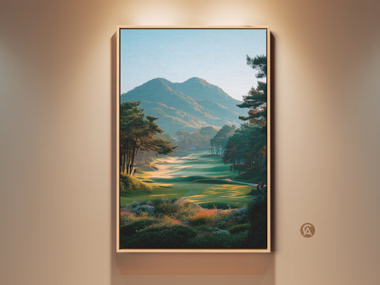 Framed golf course landscape artwork showcases a serene fairway framed by lush trees and distant mountains. Golden light bathes the green creating a tranquil scene. This landscape art piece is perfect for golf lovers seeking nature's beauty.