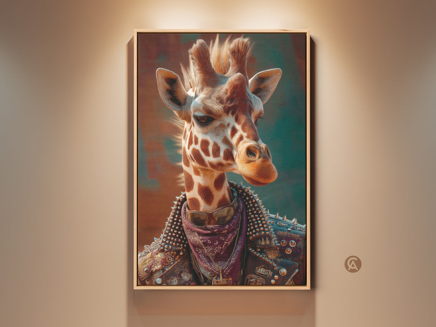 Framed punk giraffe wall art is displayed. This surreal animal canvas is great teen room decor. The brown orange and teal colors make a wildlife art statement. It's edgy home decor and a unique animal poster.  It is a cool wall hanging for a man cave. 