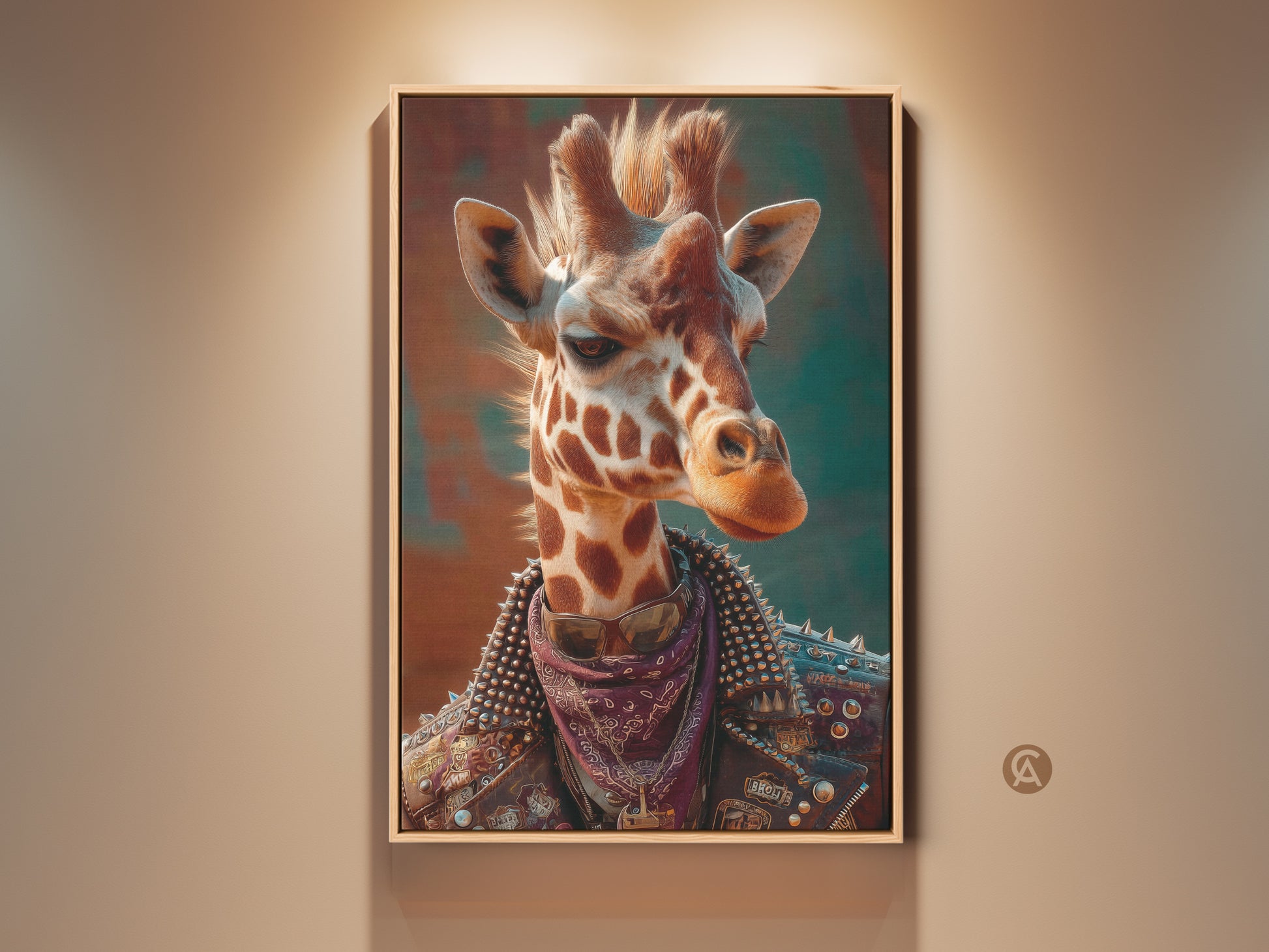 Framed punk giraffe wall art is displayed. This surreal animal canvas is great teen room decor. The brown orange and teal colors make a wildlife art statement. It's edgy home decor and a unique animal poster.  It is a cool wall hanging for a man cave. 
