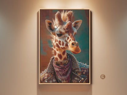 Framed punk giraffe wall art is displayed. This surreal animal canvas is great teen room decor. The brown orange and teal colors make a wildlife art statement. It's edgy home decor and a unique animal poster.  It is a cool wall hanging for a man cave. 