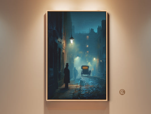 Dark Academia Victorian Street Scene Canvas Print. Gothic horse carriage art with vintage gas lamps illuminates a night cityscape. A vintage study decor piece. This dark blue and yellow wall decor brings classic European charm to any study or office. A perfect gift for history lovers.
