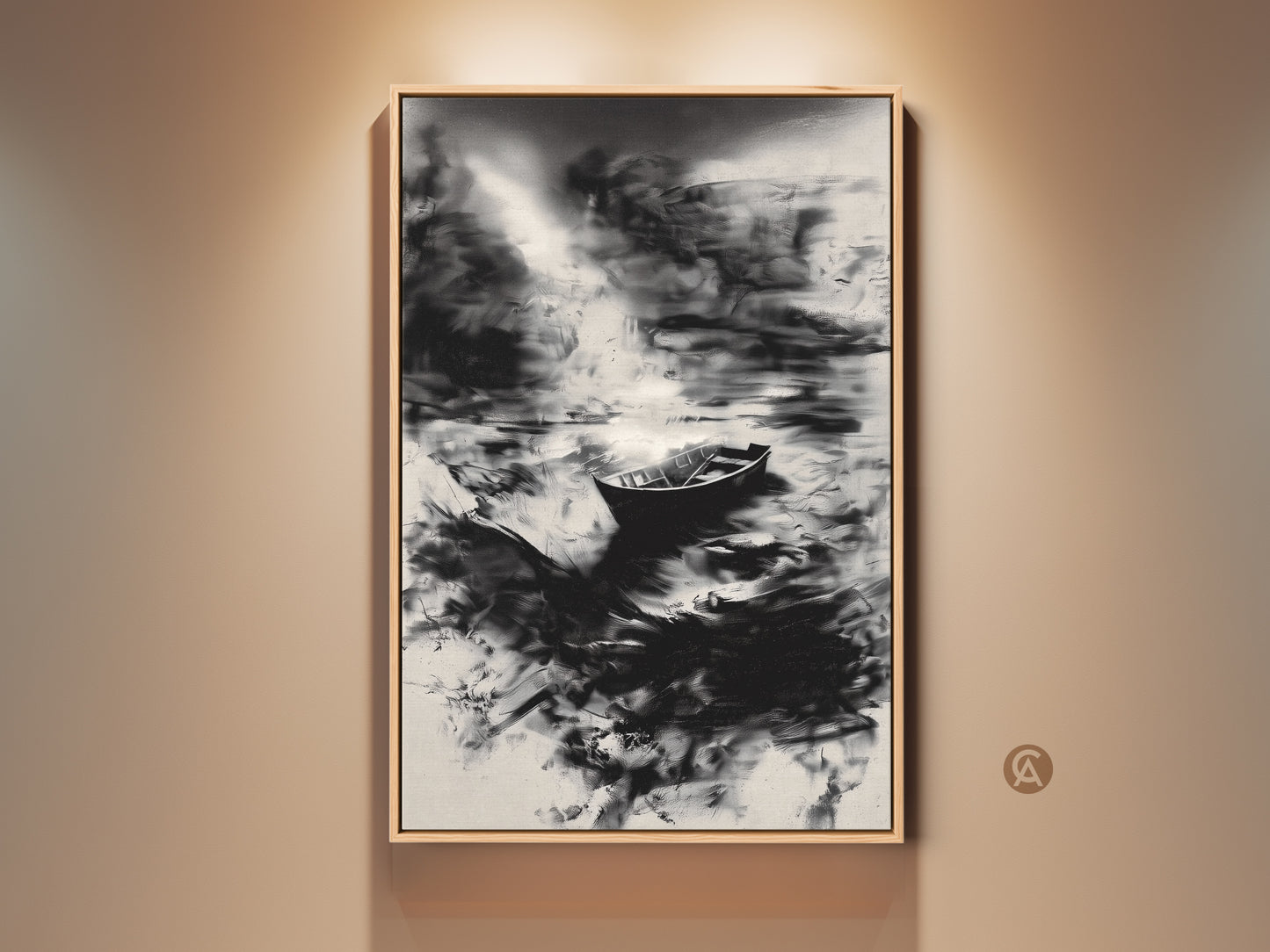 A black and white abstract boat canvas print hangs on a neutral wall. This minimalist water landscape wall art offers modern monochrome bedroom decor. The framed artwork adds a serene touch to any space. Perfect for coastal wall art themes and neutral home decor. It's an ideal contemporary art print.