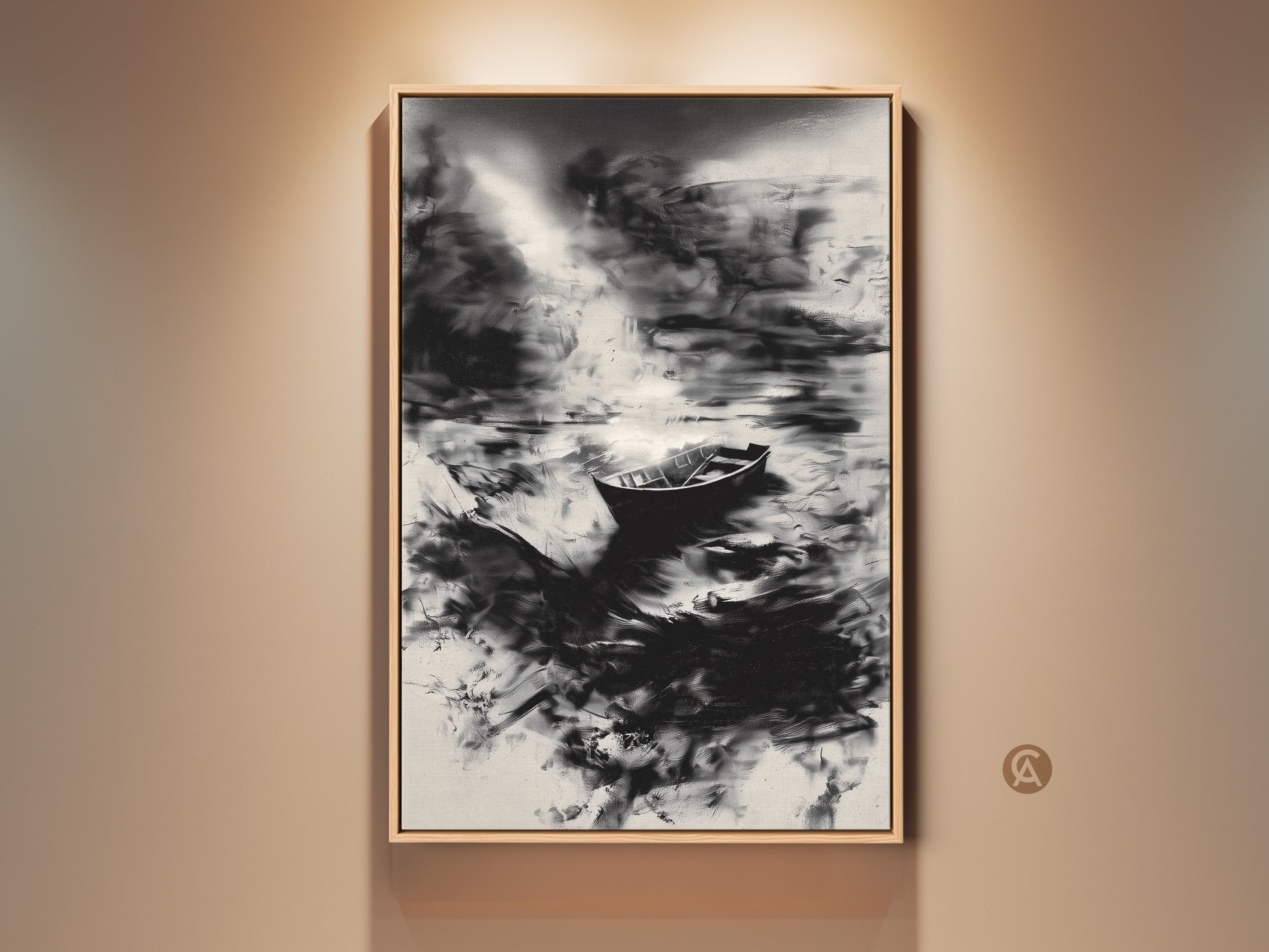A black and white abstract boat canvas print hangs on a neutral wall. This minimalist water landscape wall art offers modern monochrome bedroom decor. The framed artwork adds a serene touch to any space. Perfect for coastal wall art themes and neutral home decor. It's an ideal contemporary art print.