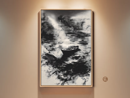 A black and white abstract boat canvas print hangs on a neutral wall. This minimalist water landscape wall art offers modern monochrome bedroom decor. The framed artwork adds a serene touch to any space. Perfect for coastal wall art themes and neutral home decor. It's an ideal contemporary art print.