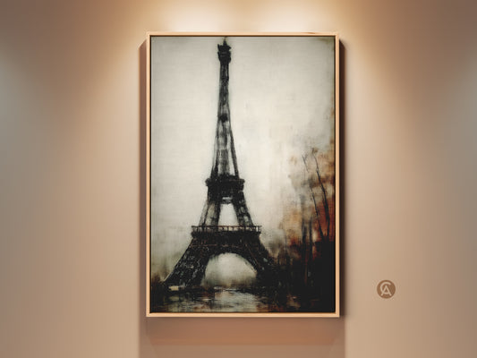 Eiffel Tower wall art in a contemporary style is showcased here. This textured black and gray canvas print captures a Parisian cityscape vibe. This artwork makes an elegant home decor gift.