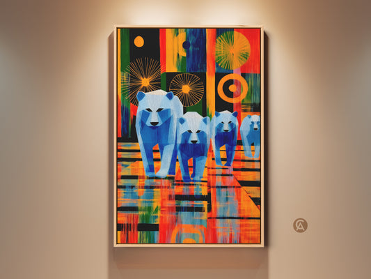 Vibrant geometric polar bear canvas print for contemporary homes. This teal orange blue art features a family of bears in abstract style. It's a unique wall art piece perfect as a modern housewarming gift. Ideal for living rooms or offices looking for a colorful accent art.