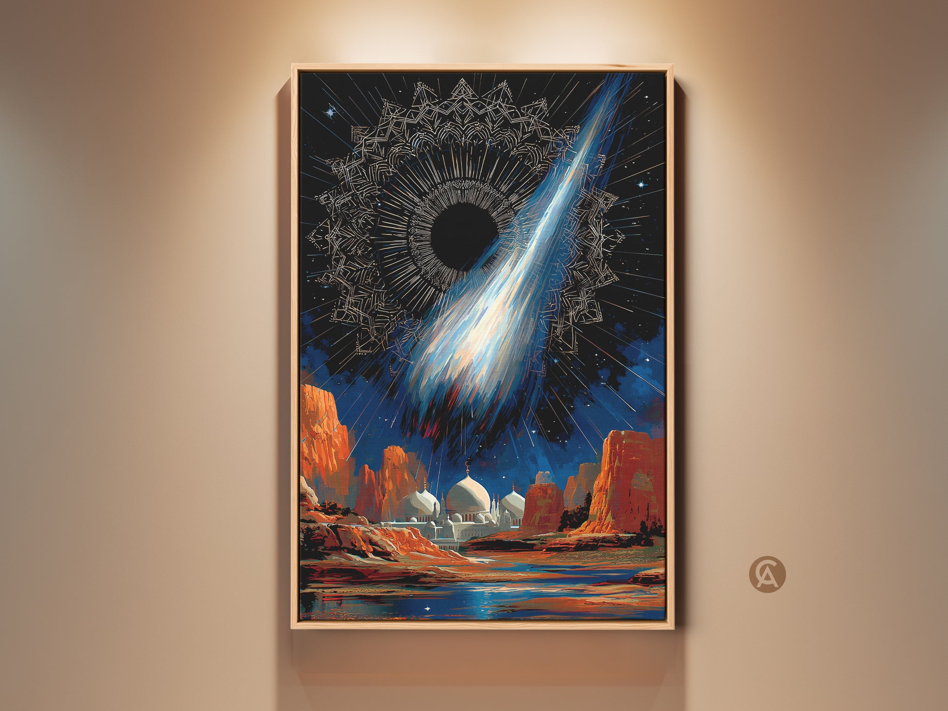 This surreal celestial mosque canvas print features a cosmic comet landscape. Orange rock formations ground the otherworldly scene. This deep blue and orange eclectic decor adds a touch of mystery to any room. This artwork makes a fantastic gift for sci-fi fans and stargazers.