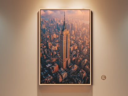 Framed Empire State Building art is showcased in a natural wood floating frame. The artwork captures an aerial view of the iconic New York City landmark. The warm sunset light enhances the architectural details of the city.