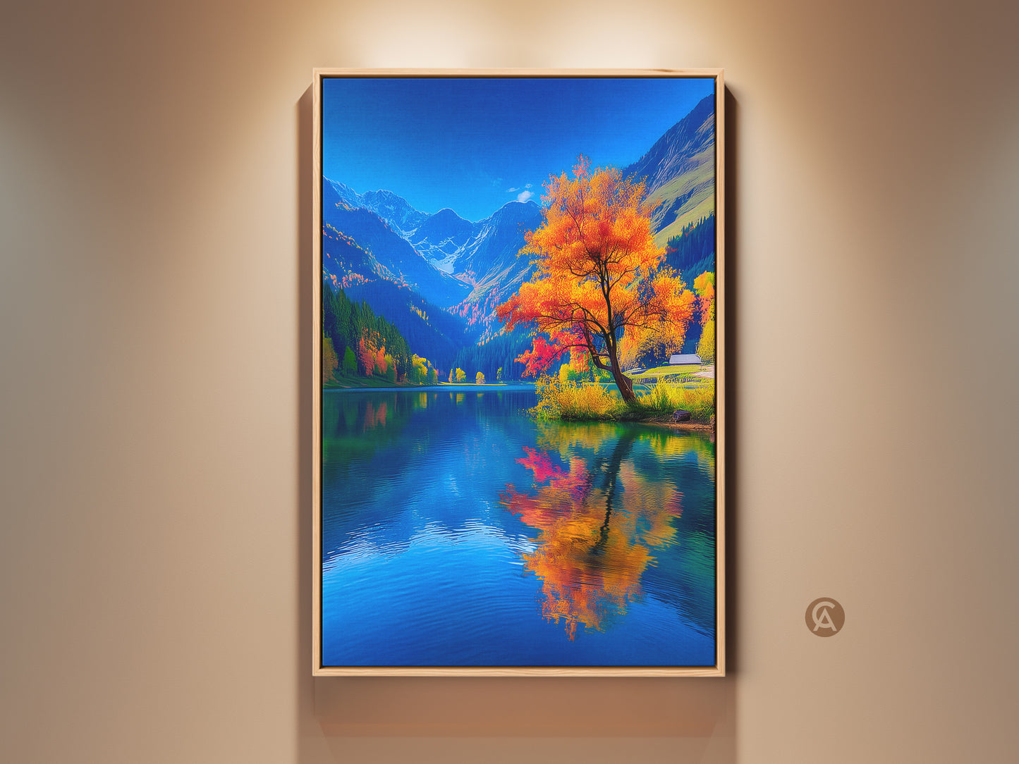 Framed artwork on a beige wall. The artwork features a vibrant autumn tree reflecting in a serene lake. Distant mountains add depth. This framed canvas enhances any room with its peaceful landscape art.