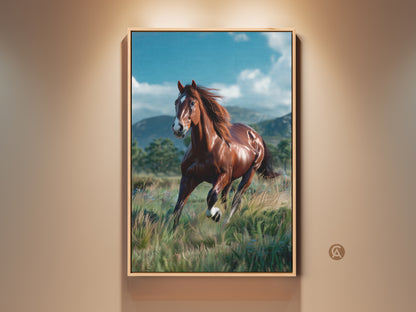 Artwork of a Majestic Brown Horse Galloping Through a Grassy Field. It captures the horse's power and beauty. The blue sky and mountains provide a stunning backdrop. Perfect wall decor for horse lovers. Add movement and energy to your space with this beautiful horse art.