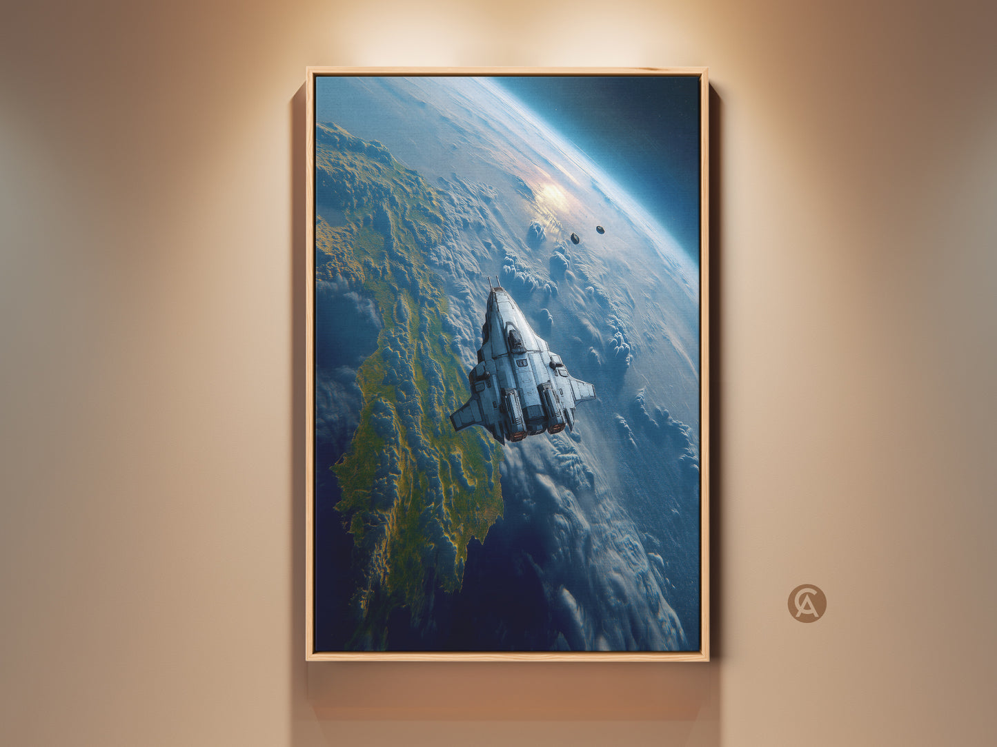 Futuristic spaceship art print displayed in a wooden frame. The artwork shows a spaceship over Earth creating a sci-fi wall decor piece. Perfect for a modern office or home. The blue and white space art brings cosmic wonder to any room. An astronomy inspired art for stargazers or sci-fi fans.