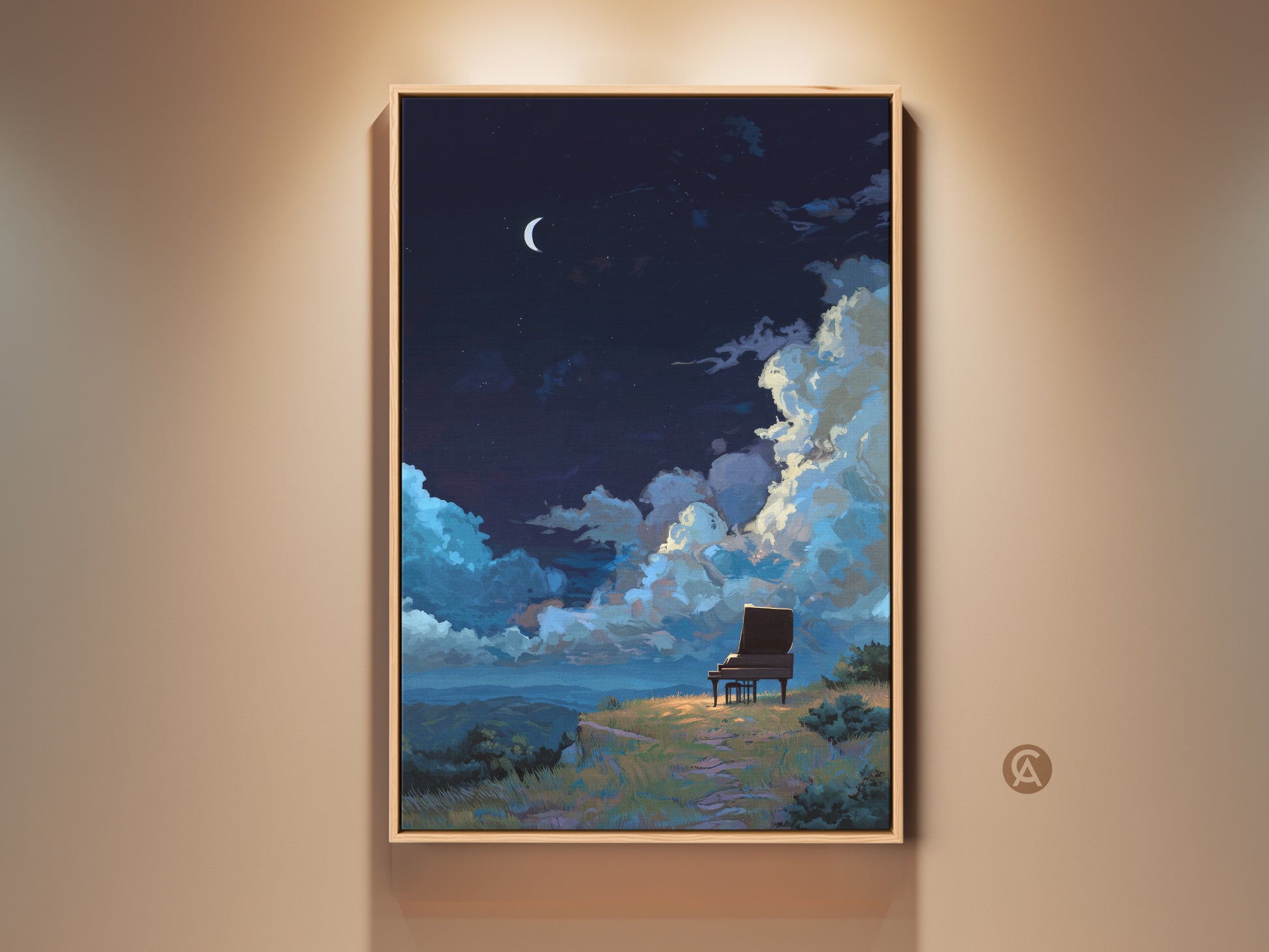 Night sky grand piano art print in a wooden frame. This surreal landscape canvas features a dreamy crescent moon. It adds an eclectic home accent. Perfect music themed gift for a musician.