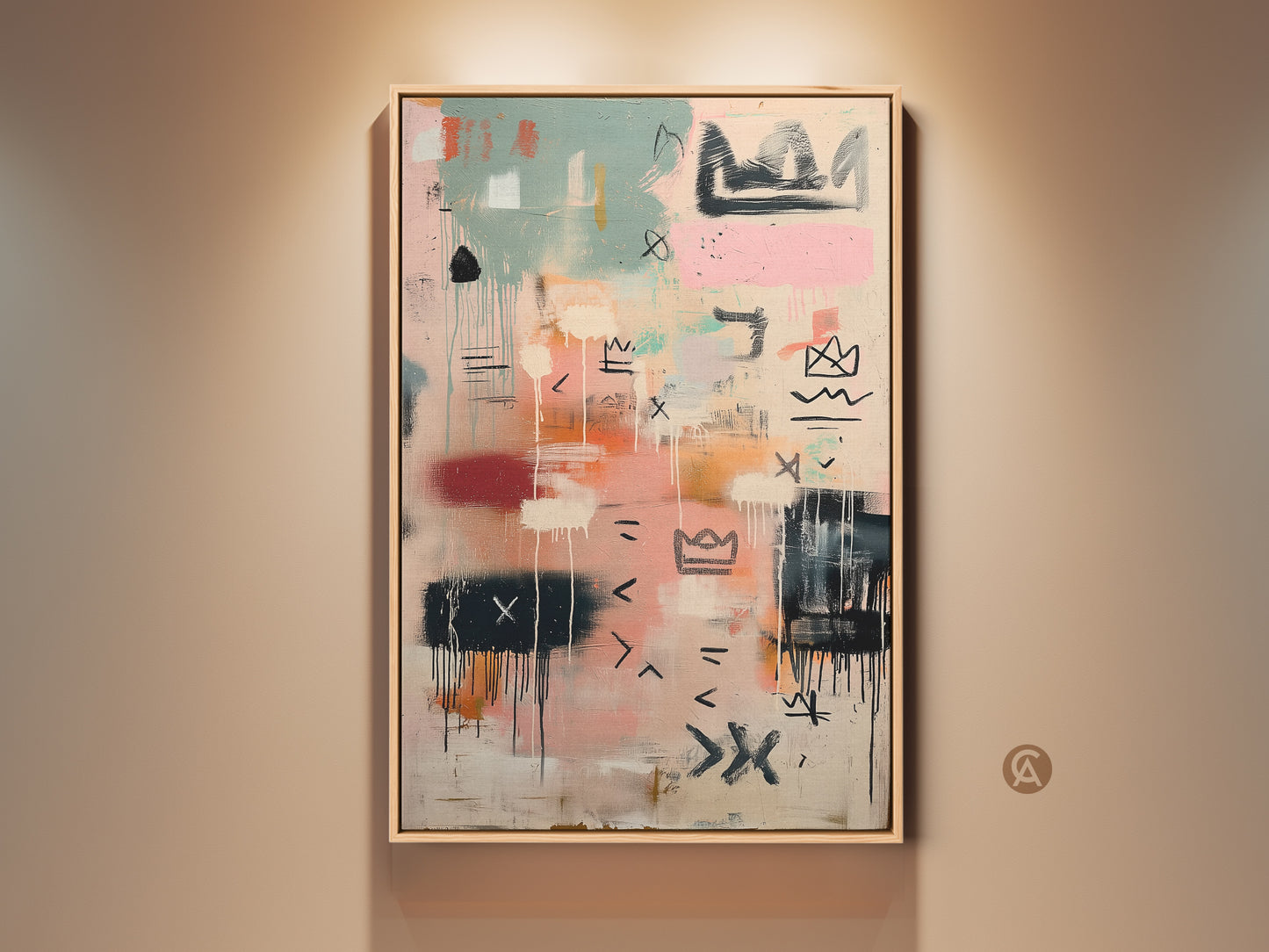 Framed abstract art on a beige wall. The artwork features pastel colors with black line art. This contemporary painting adds a modern touch to any space. Perfect for home or office decor. Buy this unique wall art today