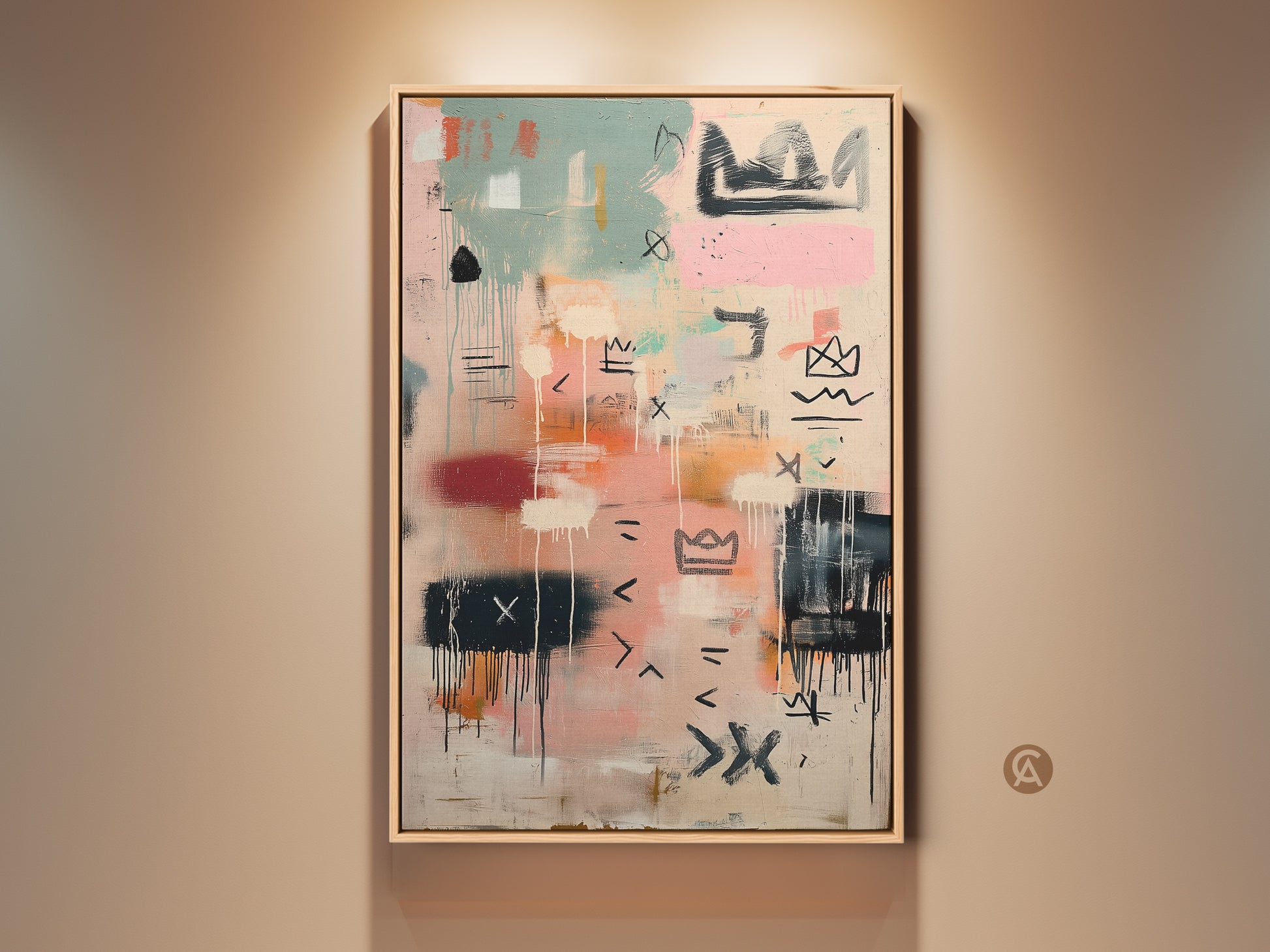 Framed abstract art on a beige wall. The artwork features pastel colors with black line art. This contemporary painting adds a modern touch to any space. Perfect for home or office decor. Buy this unique wall art today